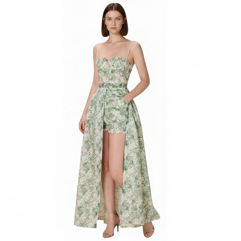 Mystique Embroidered Long Front Slit Corset Dress with Shorts