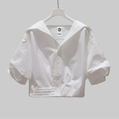 Women Lapel Short-Sleeved Cropped Shirt