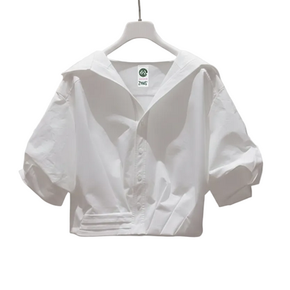 Women Lapel Short-Sleeved Cropped Shirt