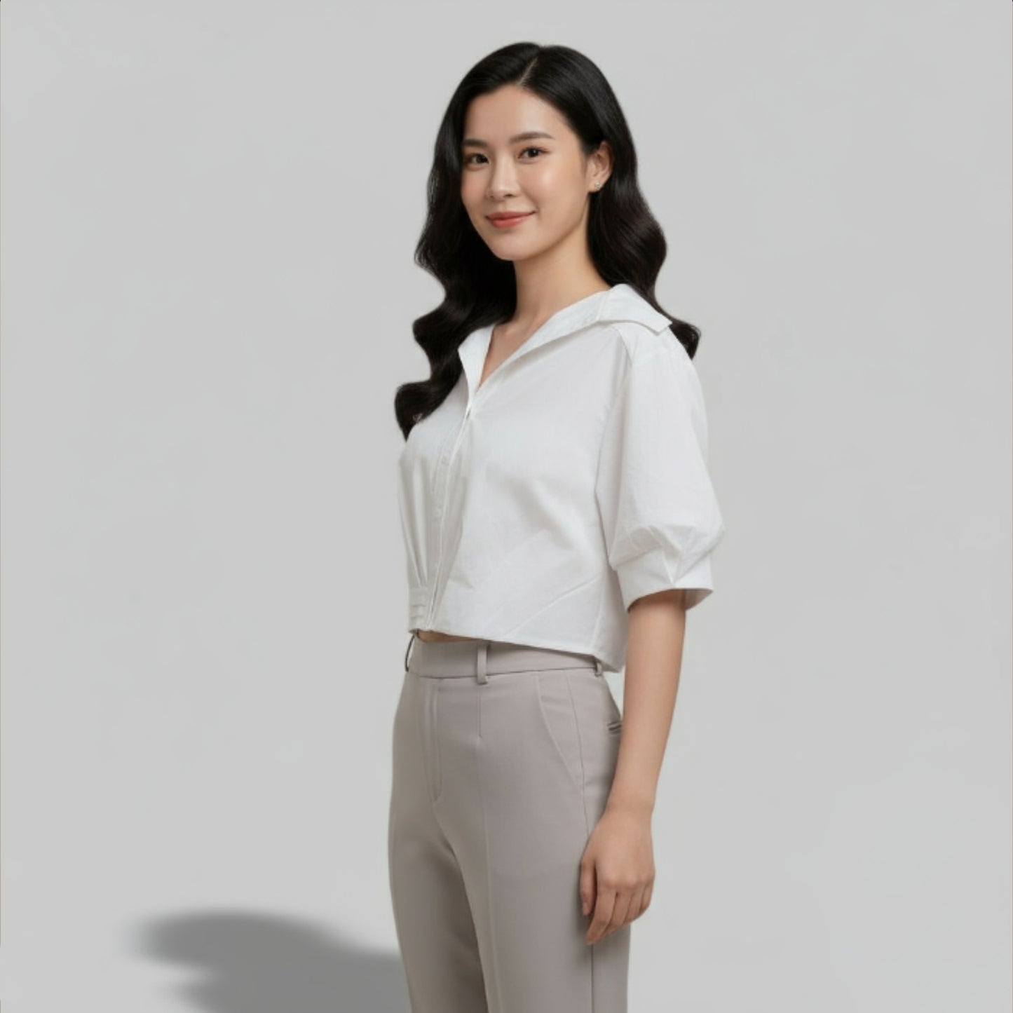 Women Lapel Short-Sleeved Cropped Shirt