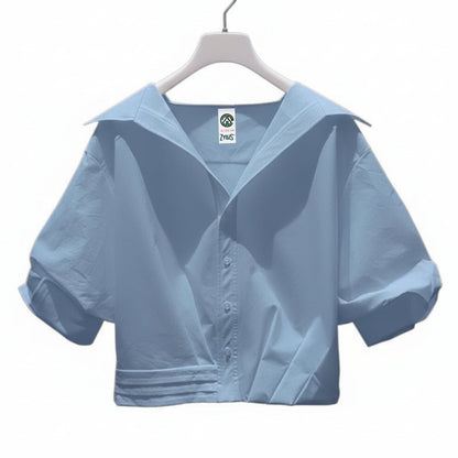 Women Lapel Short-Sleeved Cropped Shirt