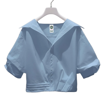Women Lapel Short-Sleeved Cropped Shirt