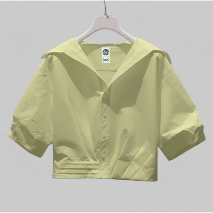 Women Lapel Short-Sleeved Cropped Shirt