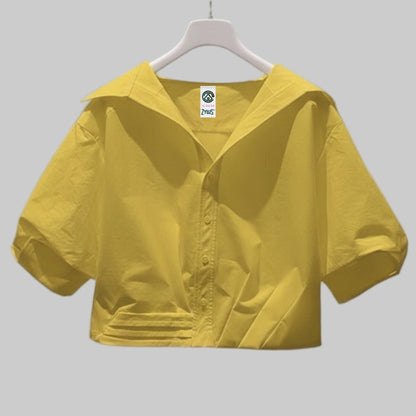 Women Lapel Short-Sleeved Cropped Shirt