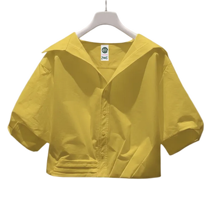 Women Lapel Short-Sleeved Cropped Shirt