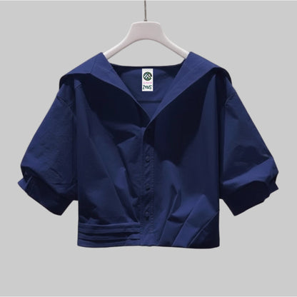 Women Lapel Short-Sleeved Cropped Shirt