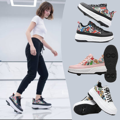Unisex 2-in-1 Street-Art Graffiti Convertible Roller Skate Shoes | Kids & Adult