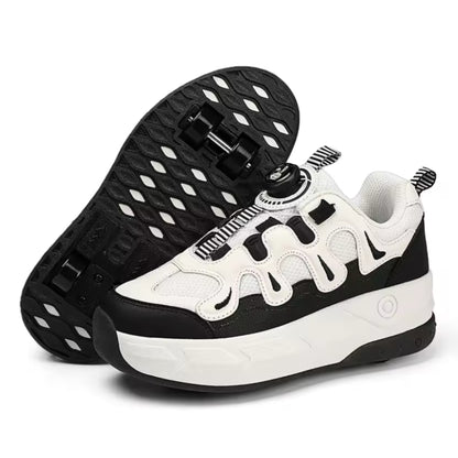 2-in-1 Kids Quad Roller Skate Shoes with Rotary Dial Buckle - Beige