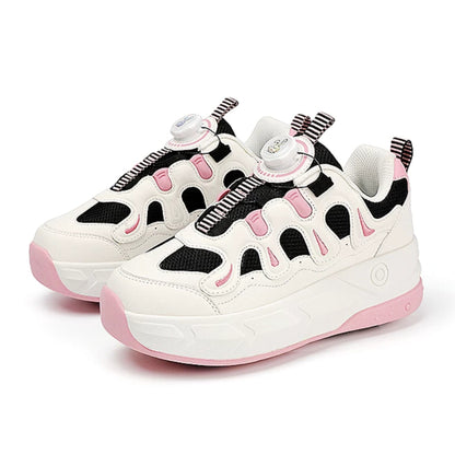2-in-1 Kids Quad Roller Skate Shoes with Rotary Dial Buckle - Beige