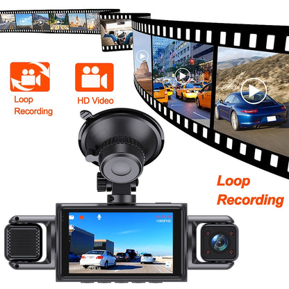 4-Channel Car Dash Camera with 1080P Front And 720P Left/Inside Right Rear DVR, Featuring Night Vision, Loop Recording, And 24-Hour Parking Monitoring for Vehicle Additions