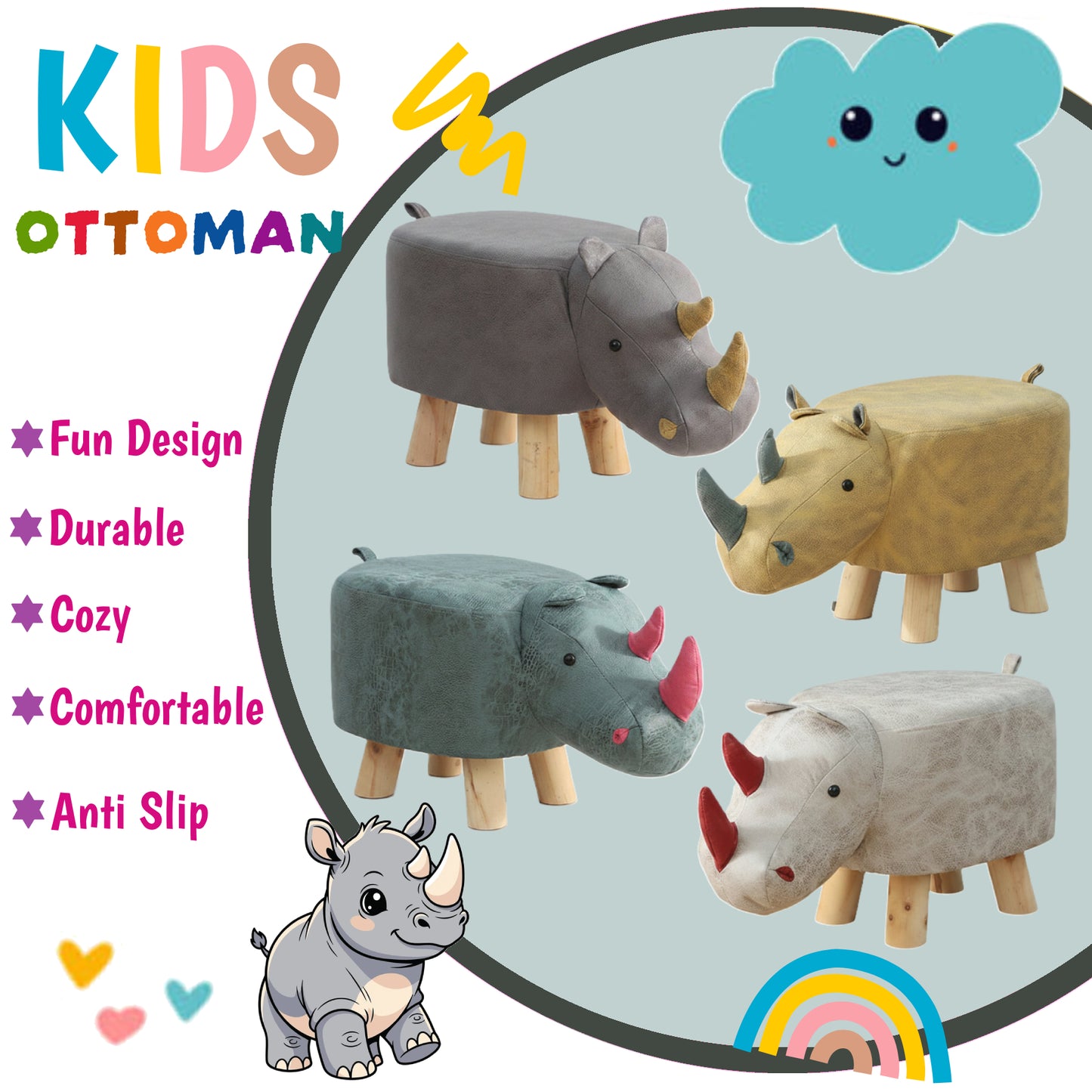 Rhino Animal Children's Ottoman Footstool