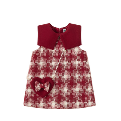 Girl's Crimson Plaid Princess Dress with Bag