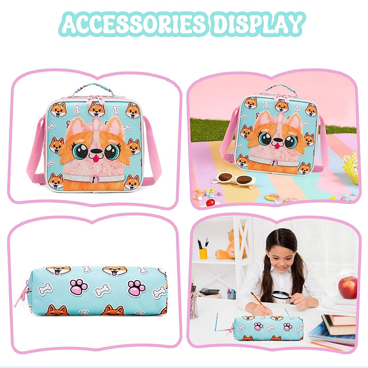 3-Piece 3D Cute Corgi Dog Plush School Bag Set / Backpack + Lunch Bag + Pencil Case