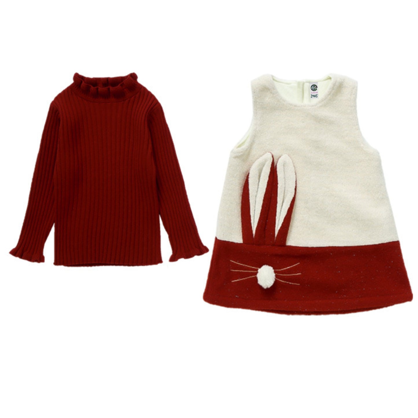 Girls Red Ribbed Turtleneck & Bunny Fleece Dress 2-Piece Outfit Set