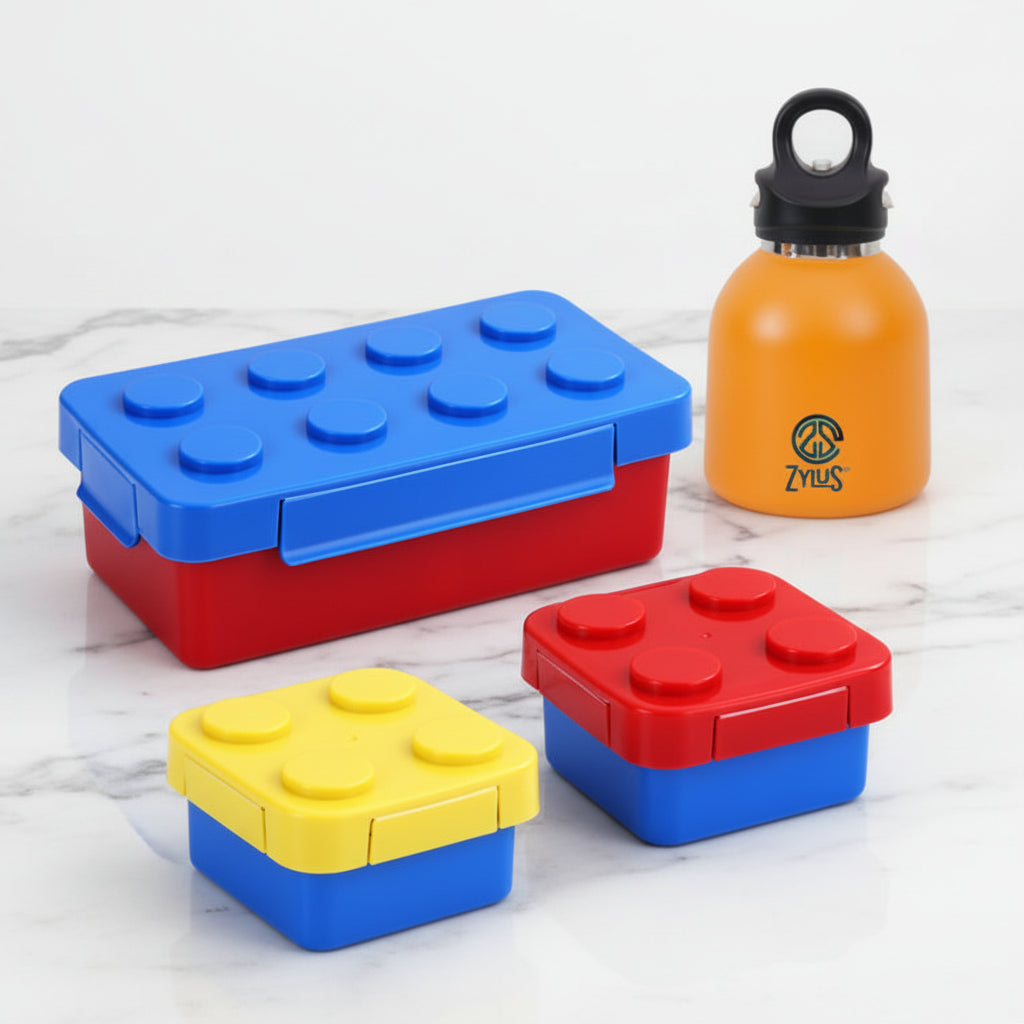 Building Block Lunch Box & 400ml Twist Free Water Bottle 4Pcs Set