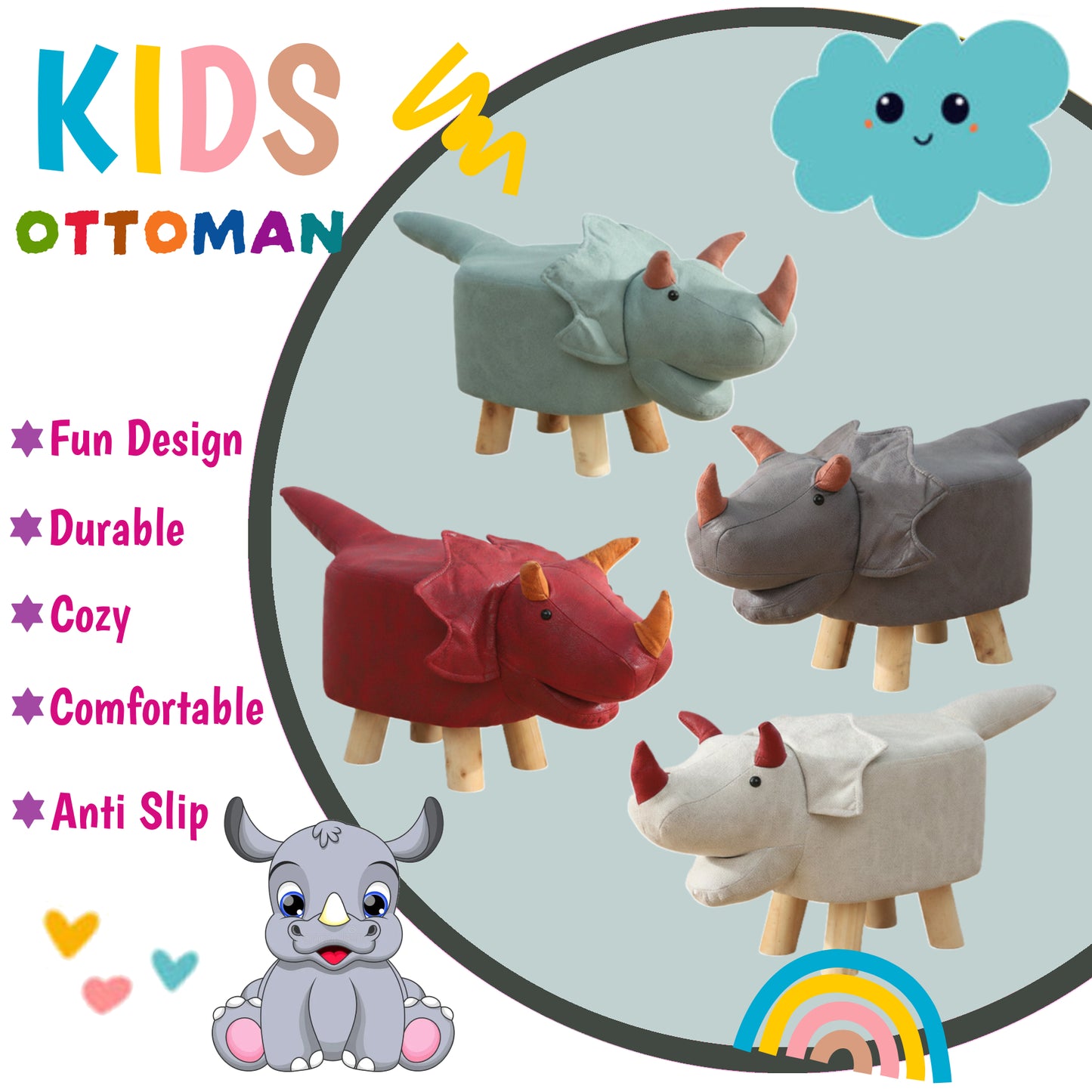 Smiling Triceratops Animal Children's Ottoman Footstool