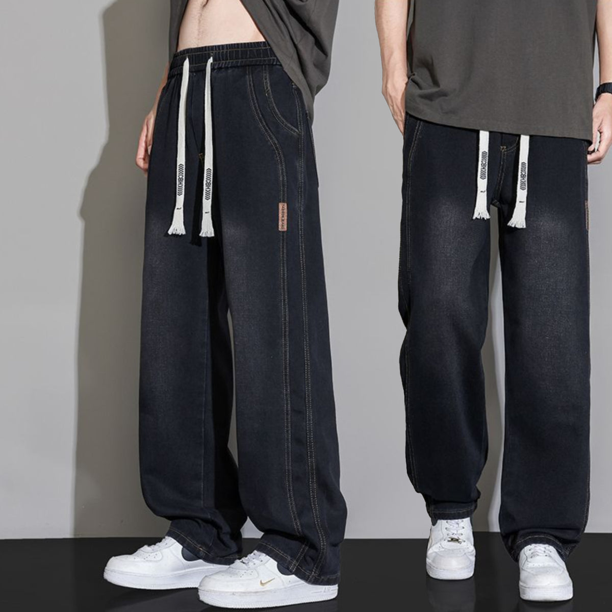 Men's Wide-Leg Drawstring Streetwear Skate Denim Jeans