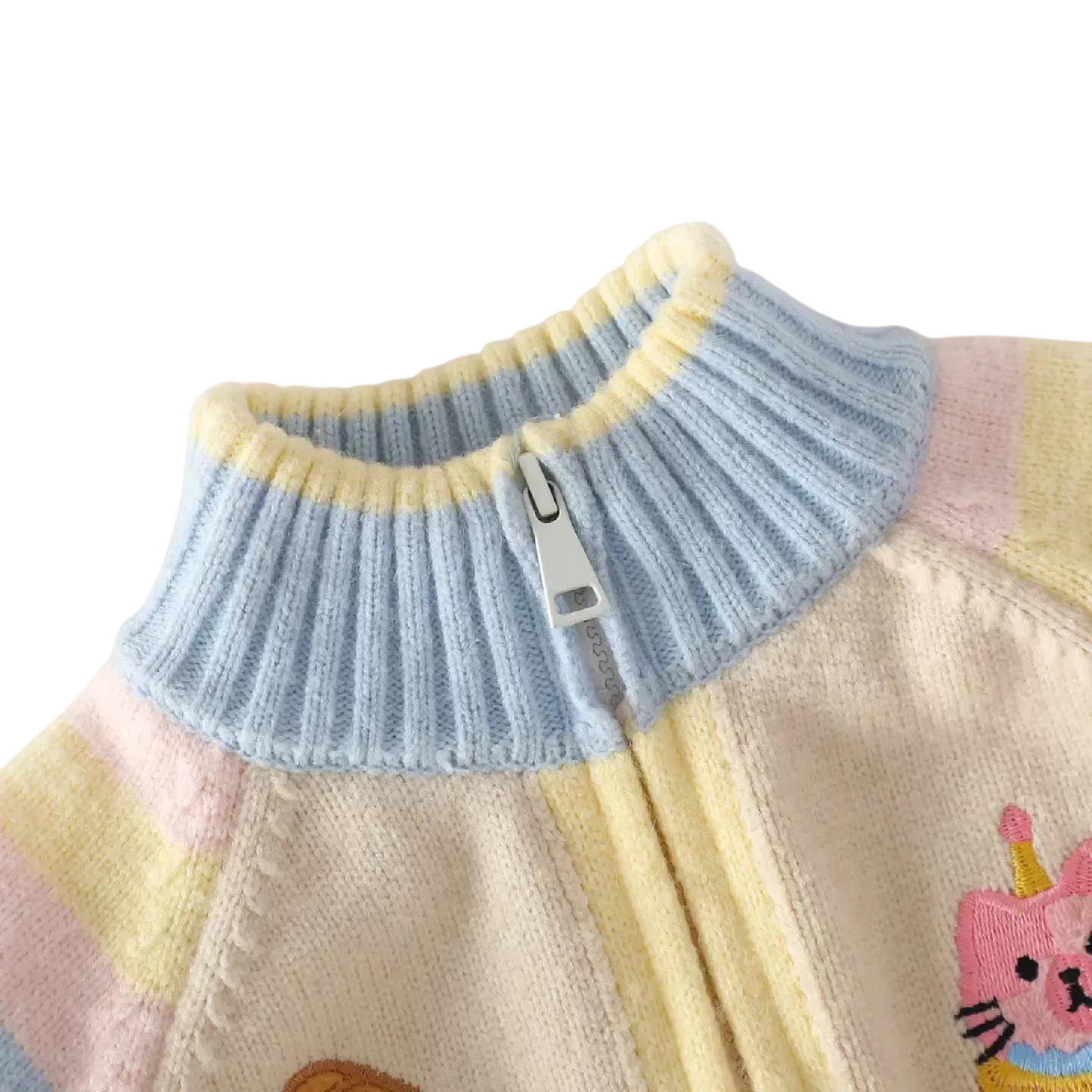 Girls' Cute Cartoon Cat Knitted Zip-Up Sweater Jacket