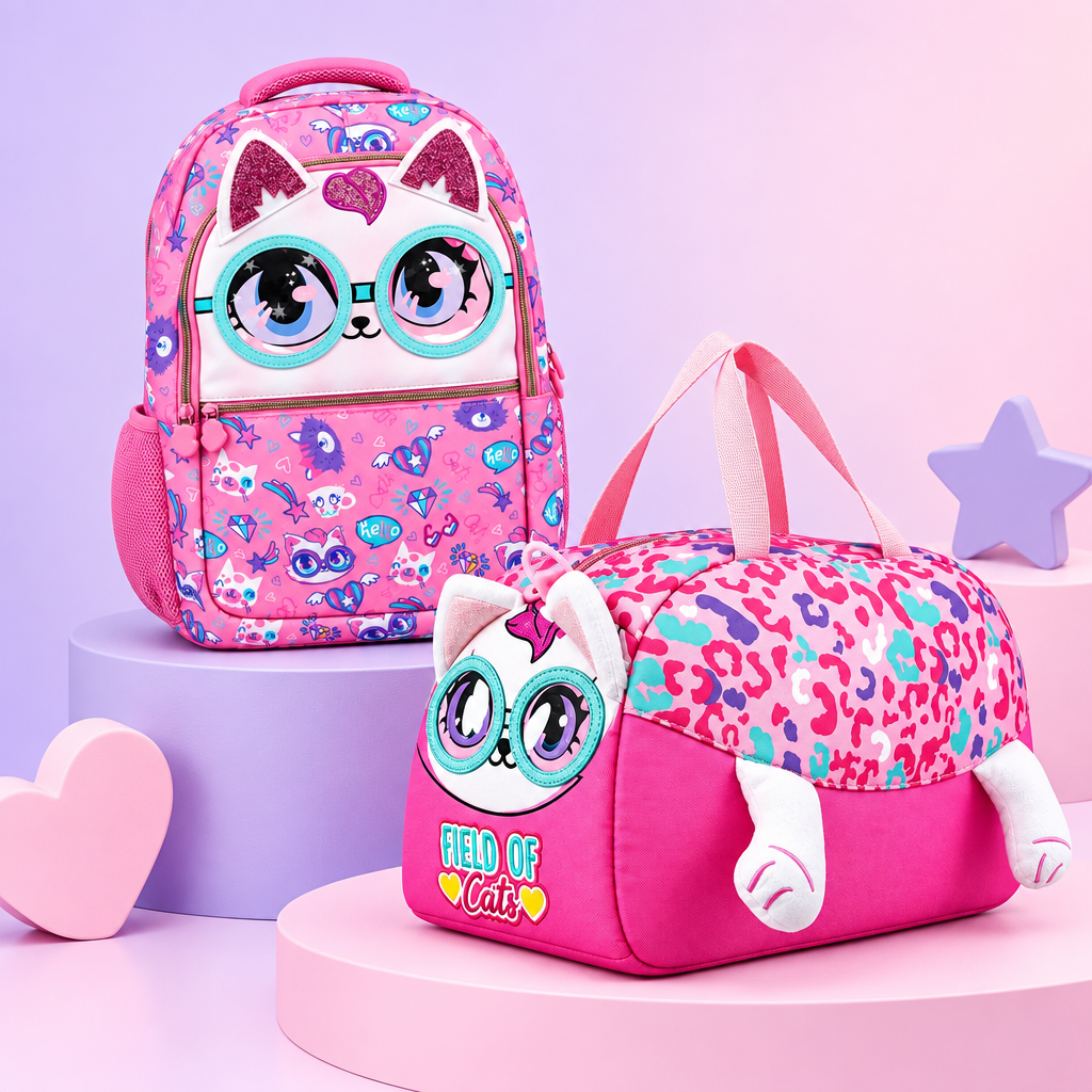 2-Piece Kids 3D Large Field of Cats Backpack & Duffel Bag Travel Set