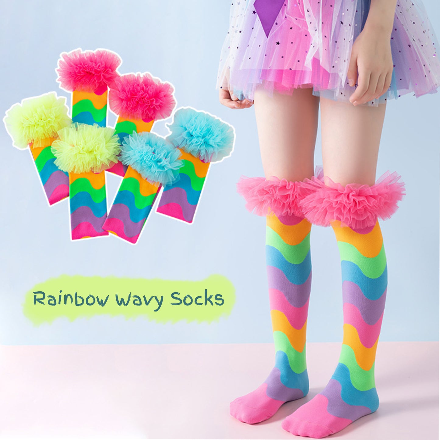 Girls' Vibrant Rainbow Wavy Stripe Knee-High Crazy Socks