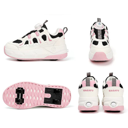 2-in-1 Kids Quad Roller Skate Shoes with Rotary Dial Buckle - Beige