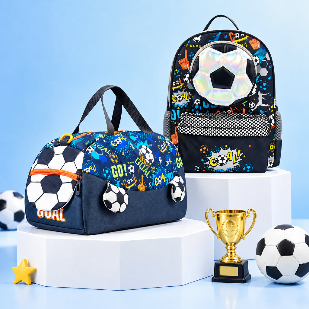 2-Piece Kids 3D Soccer Backpack & Duffel Bag Travel Set