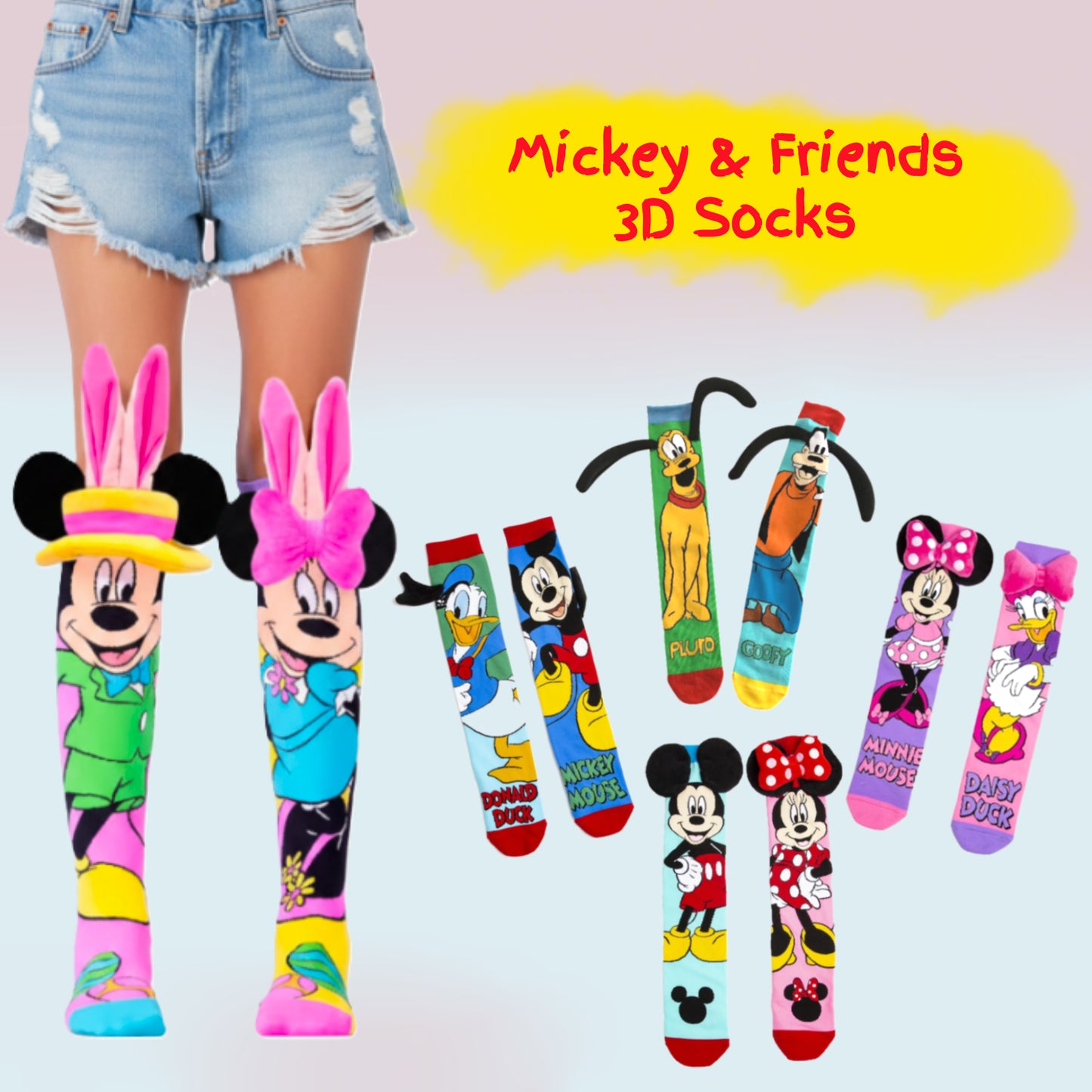 Mickey & Friends Mismatched 3D Knee-High Crazy Socks