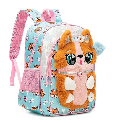 3-Piece 3D Cute Corgi Dog Plush School Bag Set / Backpack + Lunch Bag + Pencil Case