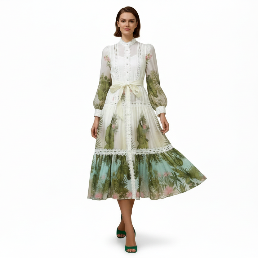 Evergreen Lace Embroidered Long Sleeve Dress