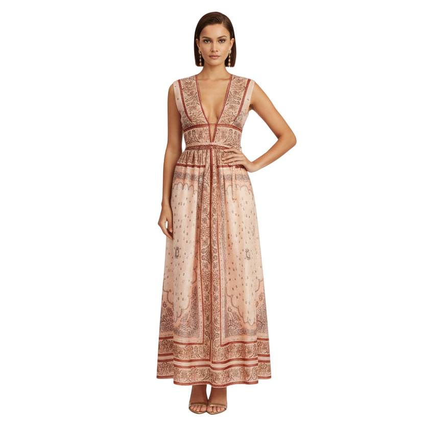 Eri Retro Plunging Neckline Sleeveless Dress