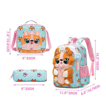 3-Piece 3D Cute Corgi Dog Plush School Bag Set / Backpack + Lunch Bag + Pencil Case