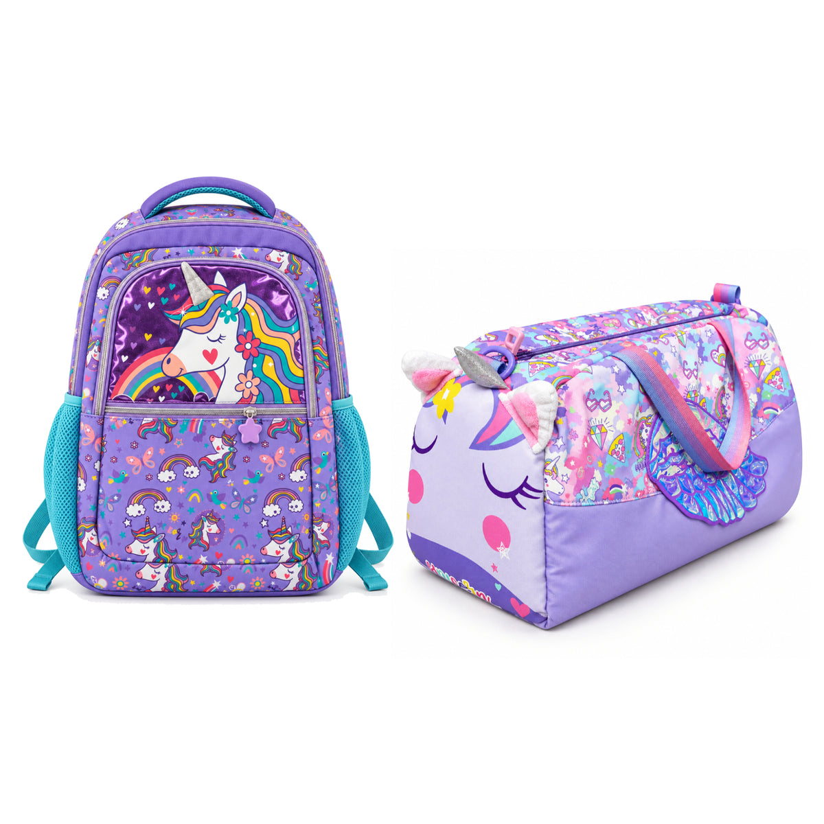 2-Piece Kids 3D Dreamy Purple Unicorns Backpack & Duffel Bag Travel Set