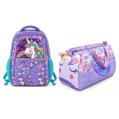 2-Piece Kids 3D Dreamy Purple Unicorns Backpack & Duffel Bag Travel Set