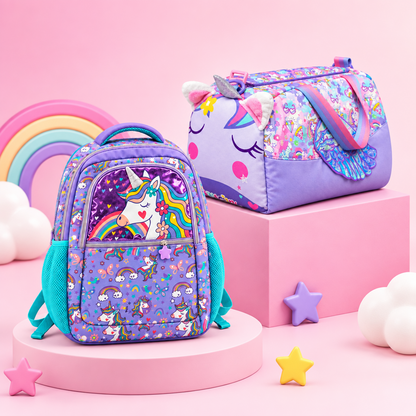 2-Piece Kids 3D Dreamy Purple Unicorns Backpack & Duffel Bag Travel Set