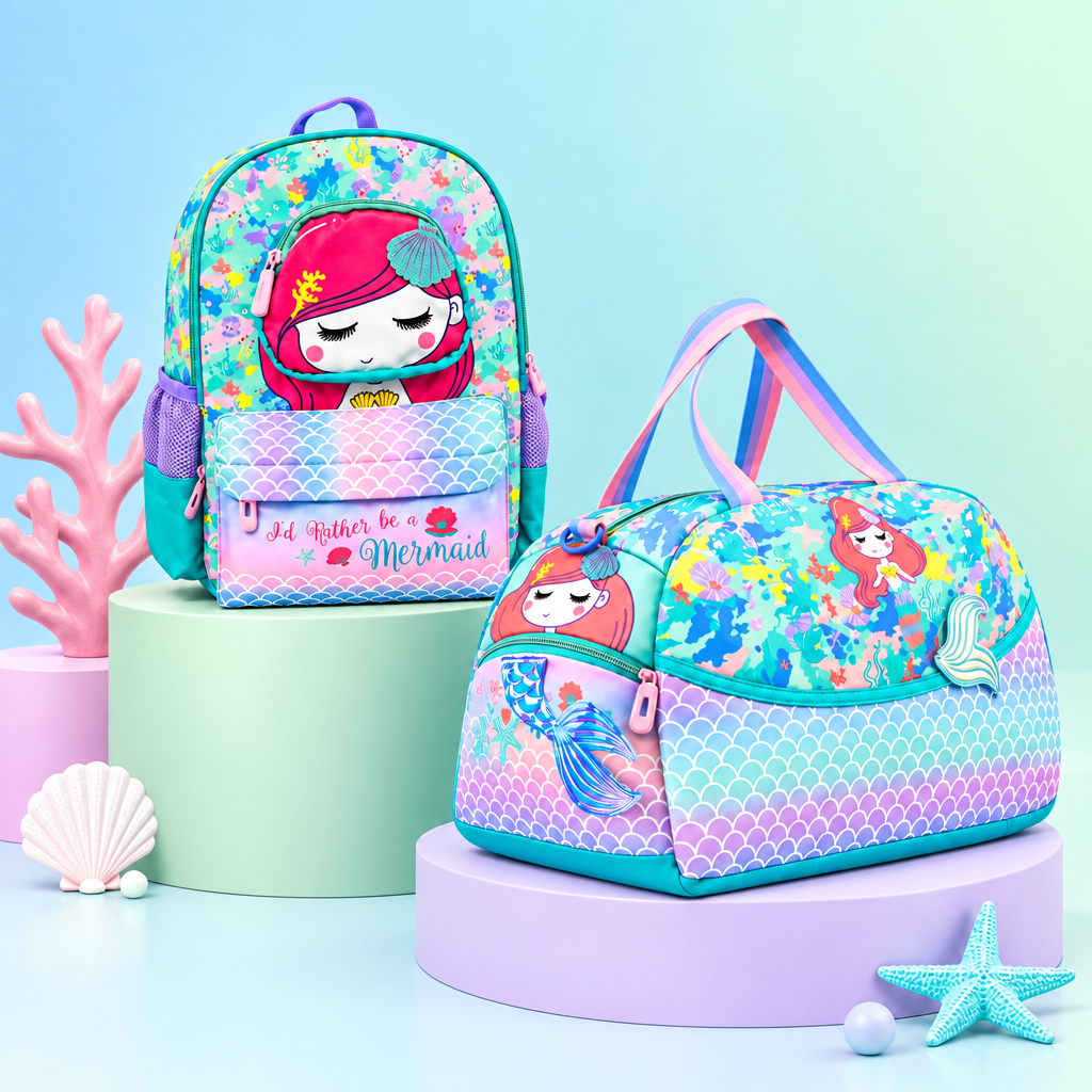 2-Piece Kids Small Mermaid Backpack & Duffel Bag Travel Set