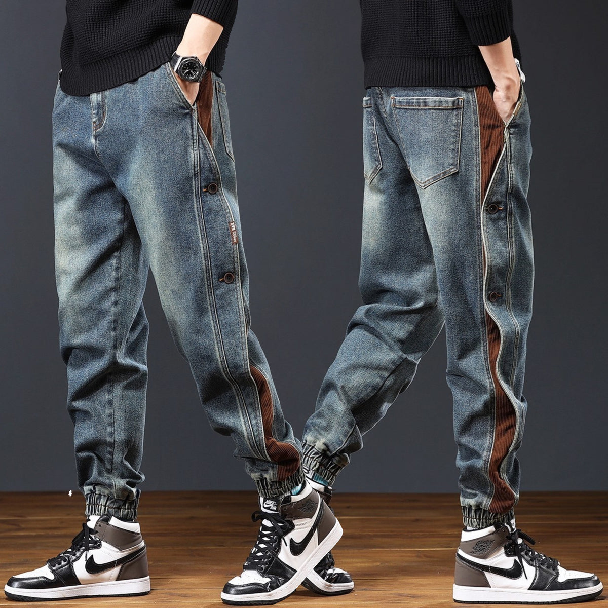 Men's Retro Denim Joggers with Corduroy Trim