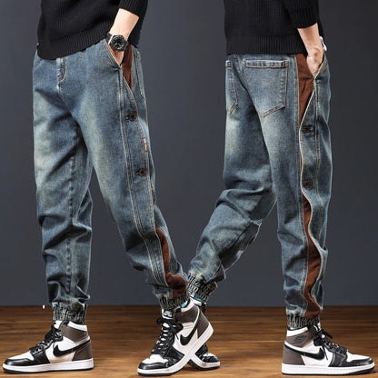 Men's Retro Denim Joggers with Corduroy Trim