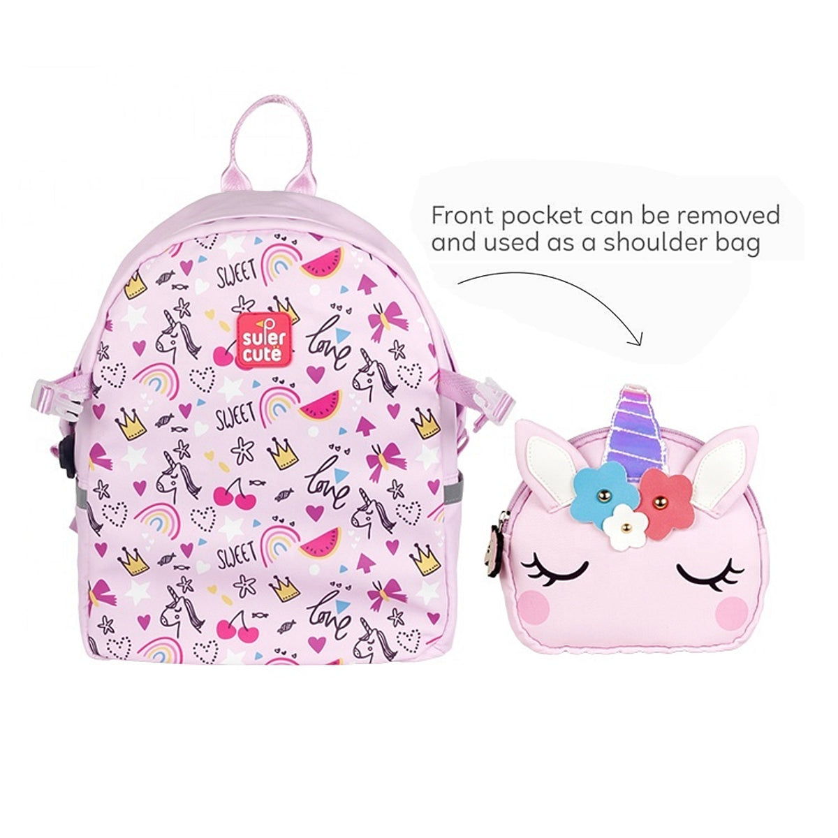 Supercute 2-in-1 Unicorn Kids Backpack with Detachable Crossbody Bag