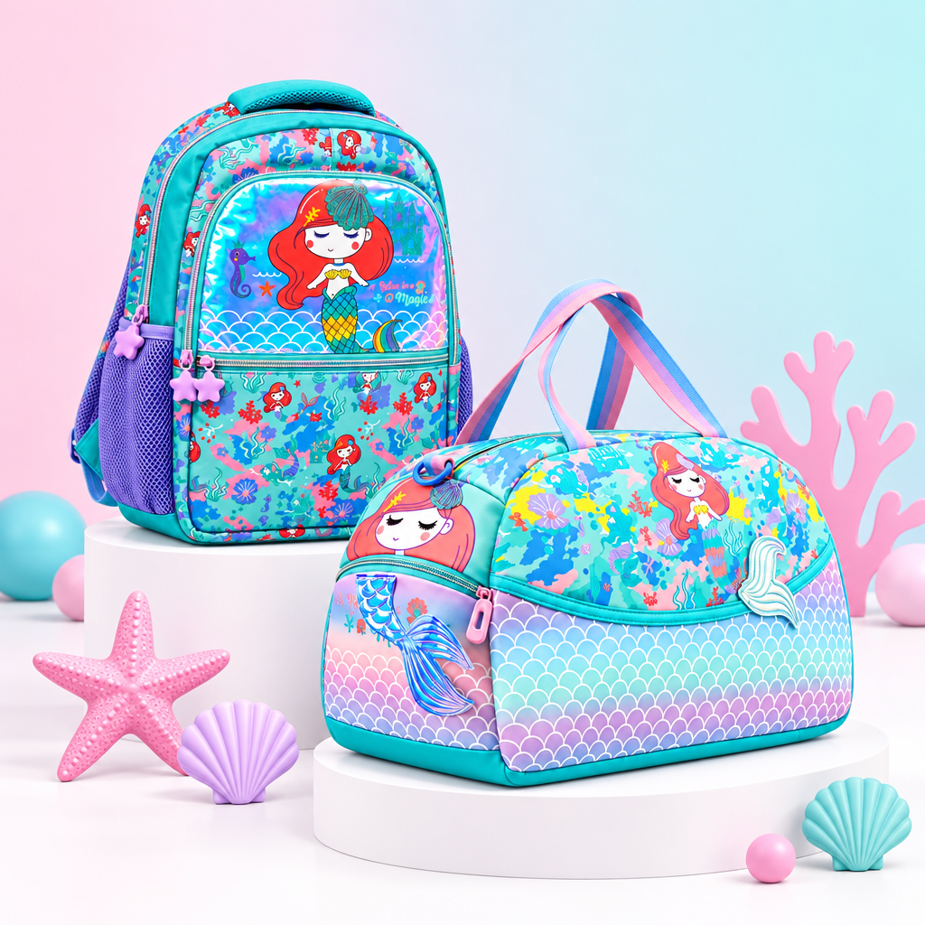 2-Piece Kids Large Mermaid Backpack & Duffel Bag Travel Set