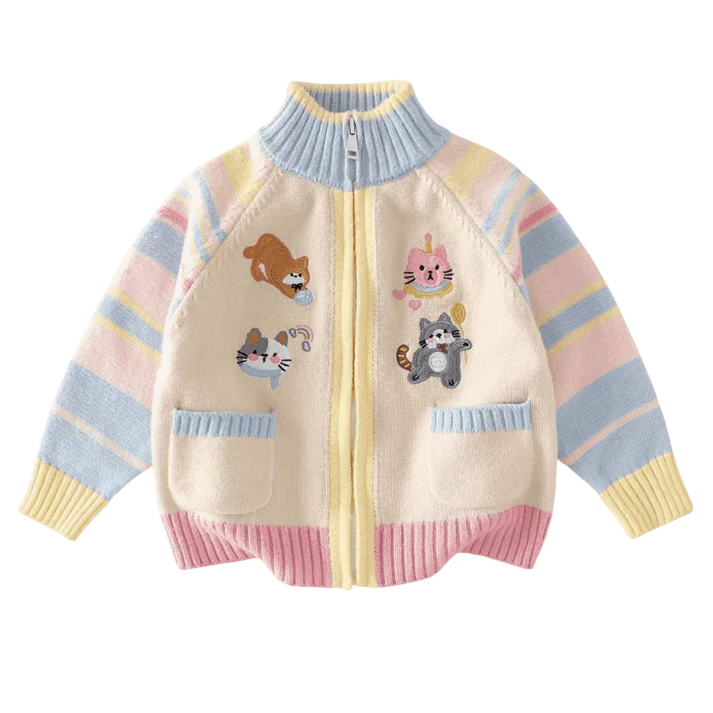 Girls' Cute Cartoon Cat Knitted Zip-Up Sweater Jacket