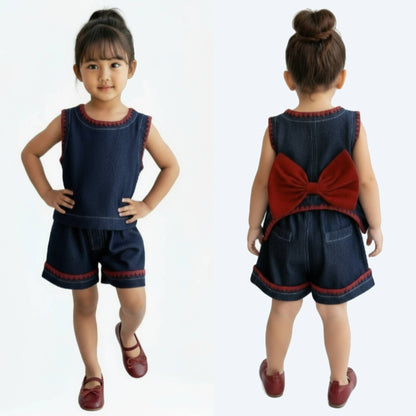 Girl's Bow Denim Summer Clothes 2pcs Set