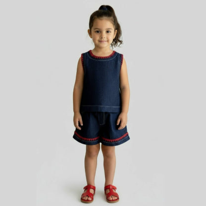 Girl's Bow Denim Summer Clothes 2pcs Set