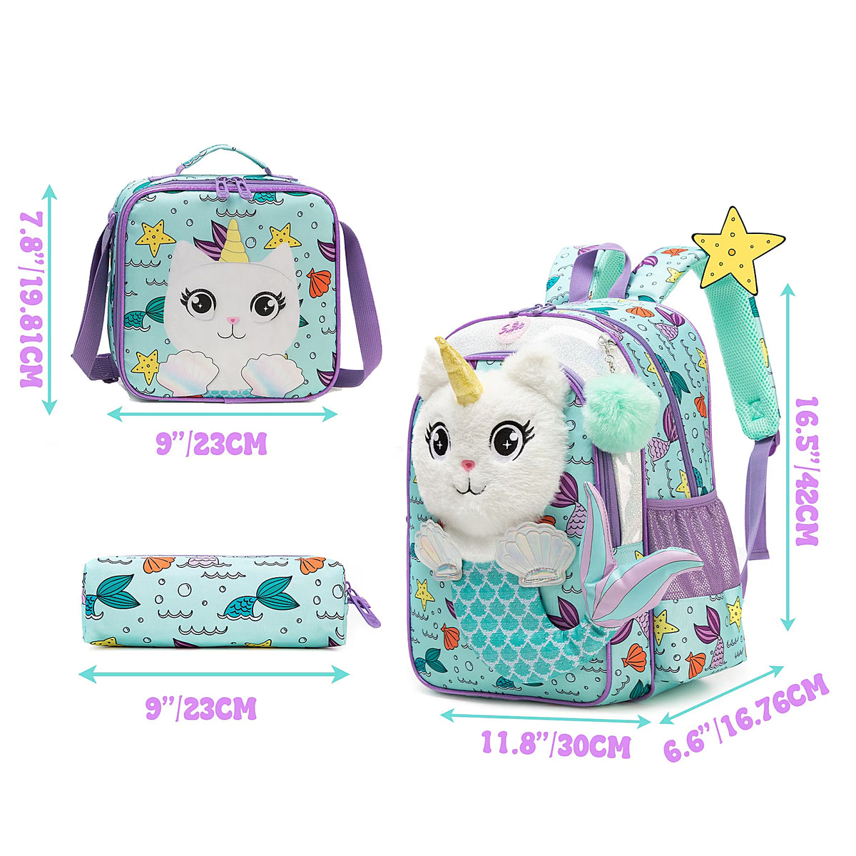 3-Piece Cute 3D Mermaid Caticorn School Bag Set - Backpack + Lunch Bag + Pencil Case